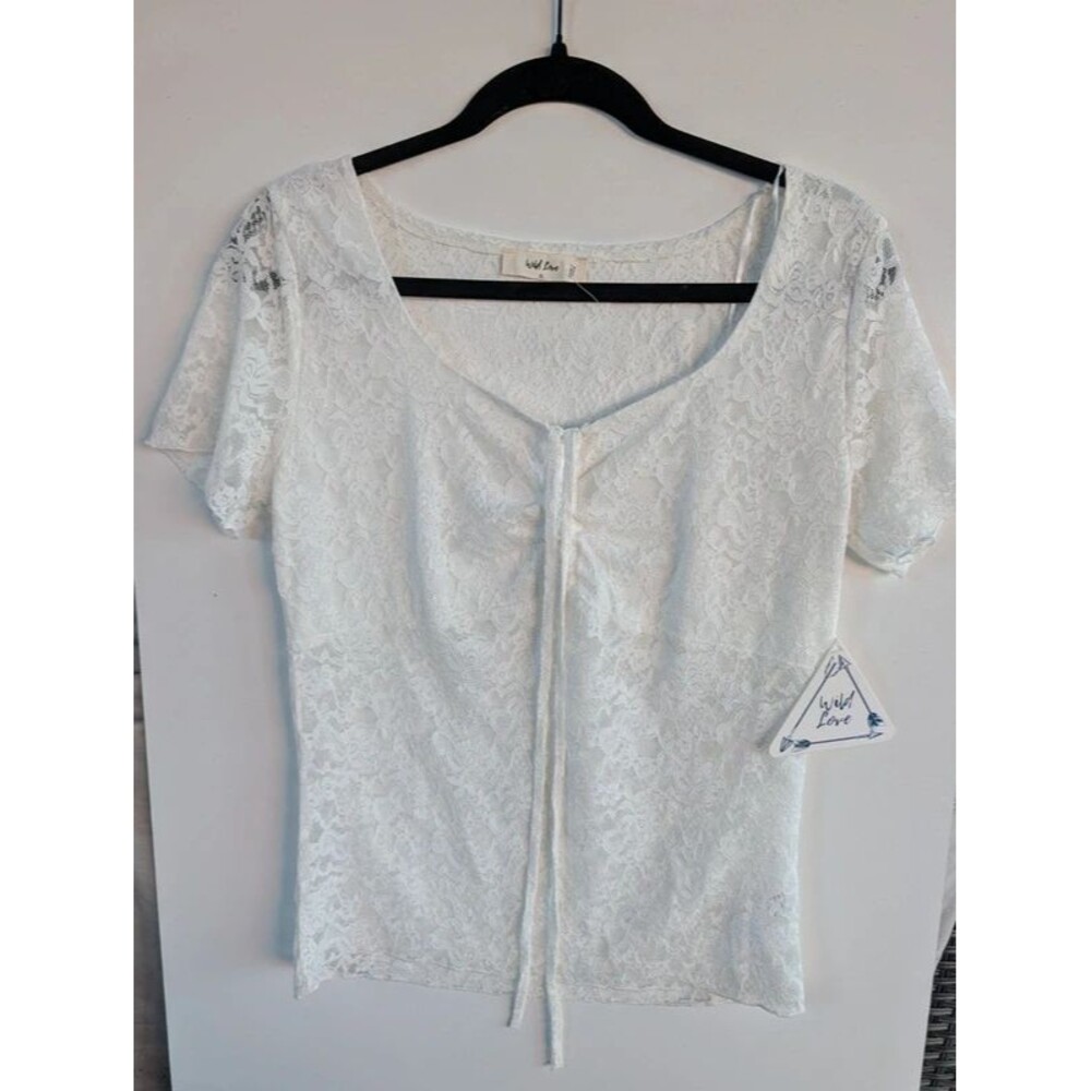 white short-sleeve tie-front lace crop top sweetheart neckline sheer floral lace